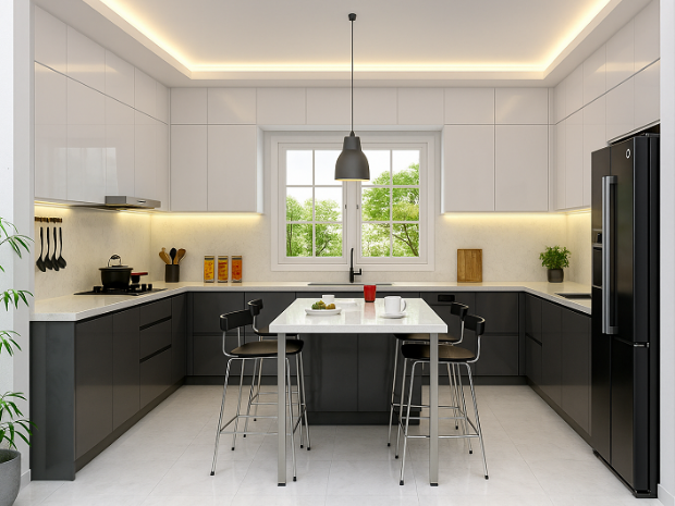 Tavana Sıfır Üst Dolaplar ile Modern U Mutfak Tasarımı