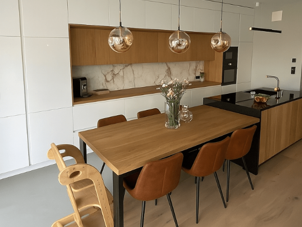Ultra Parlak Beyaz ve Doğal Ahşap Uyumu ile Modern Mutfak Dekorasyonu